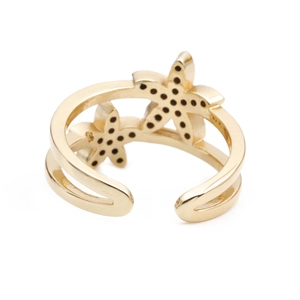Golden double starfish adjustable ring with 14K hallmark and sparkling zircon stones
