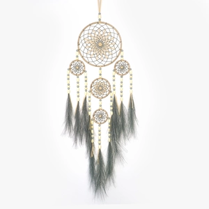 Artisan dream catcher with grey feathers, beige wood beads and intricate woven wall decor