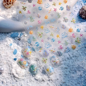 Sea life ocean theme nail stickers with tropical fish and sea turtles on beach background