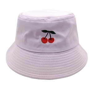 Light purple cotton bucket hat with detailed cherry embroidery for summer sun protection