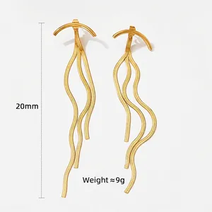Golden stainless steel tassel earrings with wavy snake chains and vacuum plating