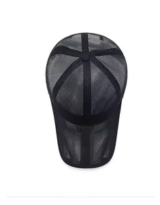Top view of a breathable black mesh trucker baseball cap for summer sun protection