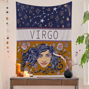 Detailed view of Virgo zodiac tapestry with floral art and starry sky for home decor