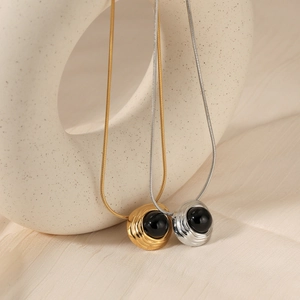 Minimalist 316 stainless steel snake chain necklaces with black onyx round pendants