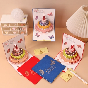 3D Pop Up Birthday Greeting Card Handmade Paper Butterfly Cake Design Creative Gift Card For Kids And Friends