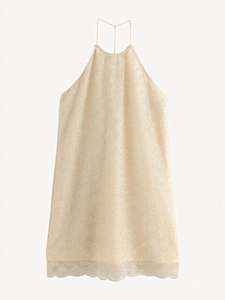 Chic cream halter neck dress featuring wave-texture hollow lace and a scalloped hem