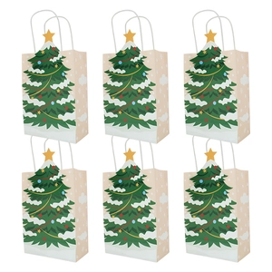 Close-up of six brown kraft Christmas gift bags with green tree prints and white rope handles