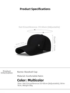 Size chart showing baseball cap dimensions with 55-60cm circumference and 9cm brim depth