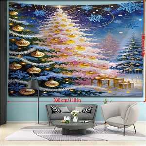 Extra wide Christmas tapestry with oil painting style tree hanging in a modern living room