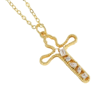 Gold cross necklace with five mixed-cut sparkling zircon stones on a fine link chain