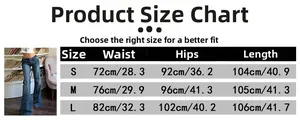 Detailed size chart for vintage flare jeans including waist, hips, and length measurements