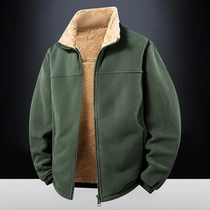 Giacca in pile verde scuro da uomo con spessa fodera in sherpa e collo a lupetto