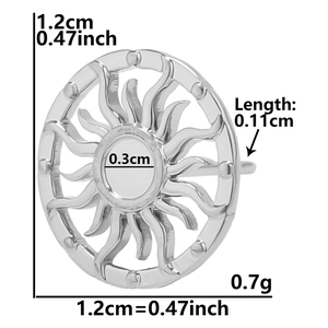 Detailed size chart for silver 304 stainless steel sun stud earring with measurements