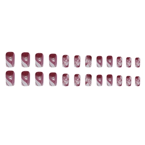Square wine red and white geometric press-on nails with cracked line texture 24pcs set