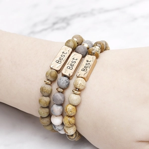 Driedelige set yoga-stenen armbanden met natuurlijke kralen en bronzen BEST-platen