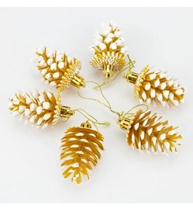 Lot de 6 suspensions de pommes de pin de Noël marron doré avec effet neige et cordons