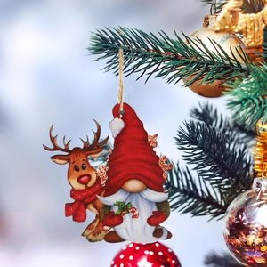 12-piece wooden Christmas gnome and reindeer ornaments hanging on a festive decorated tree