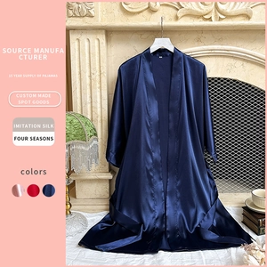 Navy blue imitation silk long bathrobe with waist tie design for women loungewear