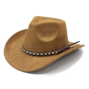 Classic brown suede western cowboy hat with a wide brim and vintage braided leather band