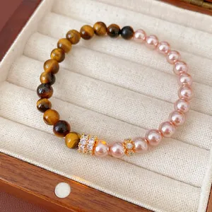 Beaded Bracelet Tiger Eye Stone Faux Artificial Pearl Zircon Gold Plated Fashion Retro Elegant Minimalist Jewelry For Women