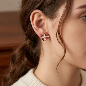 18k gold plated firework flower stud earrings with red petals and white zircon stones