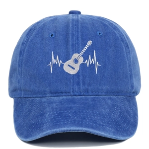 Detail of guitar heartbeat embroidery on washed cotton baseball cap with white stitching