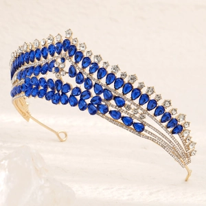Luxury bridal crown with blue teardrop gemstones and rhinestones on gold alloy base