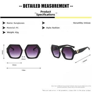 Detailed size chart for PC fashion sunglasses showing dimensions and technical measurements