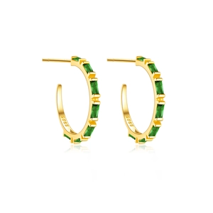 Elegant S925 sterling silver C-shaped gold hoop earrings with green zircon stones