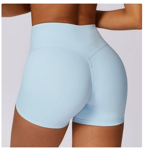 Close-up back view of high waisted light blue yoga shorts showing lift and stitch details