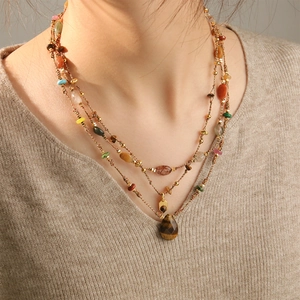 Original Natural Tiger Eye Agate Malachite Beaded Necklace For Women Vintage Handmade Bohemian Multi Layer Pendant Jewelry