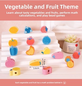Detail of colorful wooden fruit and vegetable lacing beads showing 3.6cm size dimensions