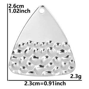 Detail of triangle stainless steel pendant with hammered texture and dimensions 2.6x2.3cm