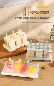 Detail of DIY ice pop mold set with lids and handles in pastel macaroon colors