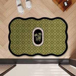 Olive green wavy bathroom mat with floral motif and absorbent non-slip texture