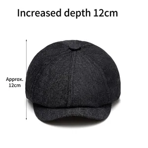 Dark grey newsboy cap in denim twill featuring a deep 12cm fit for full head coverage