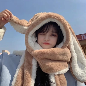Women Winter Warm Rex Rabbit Fur Rabbit Ears Hooded Scarf Gloves Set Cute Integrated Cap Neck Warmer Scarf For Outdoor Cycling