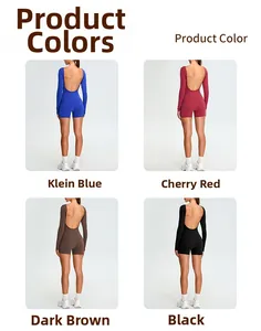 Detailed back view of long sleeve open back yoga bodysuit in four different colors