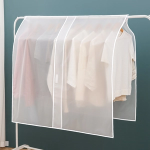Translucent breathable garment dust cover with white piping for closet hanging storage