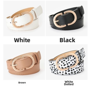 Detail showing D-ring belts in black, white, brown and cow print textures