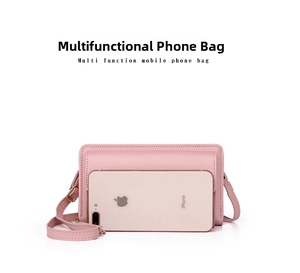 Detailed view of light pink crossbody phone bag showing large capacity for smartphones