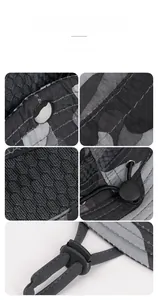 Macro detail of breathable mesh fabric and adjustable wind rope on camouflage sun hat