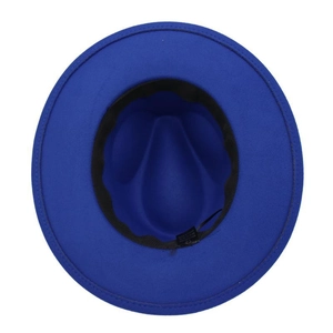 Detail view of royal blue fedora hat interior showing black sweatband and care label