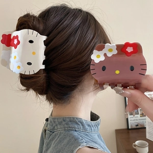 Cartoon Cat Hair Claw Clip Large Acrylic Hair Accessory With Sweet Flower Design For Women