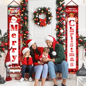 Weihnachtliche Zwergen-Türbanner mit rotem Karomuster und Merry Christmas Schriftzug