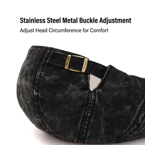 Vintage washed denim beret featuring an adjustable stainless steel metal buckle closure