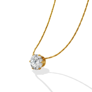 Elegant gold-plated necklace with a six-prong cubic zirconia solitaire on a white background