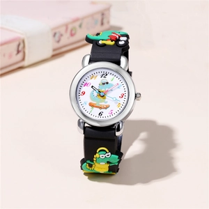 Kids sports watch with cute dinosaur patterns and black silicone strap on beige background