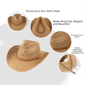 Detail view of breathable mesh straw cowboy hat with chin strap and sweatband features