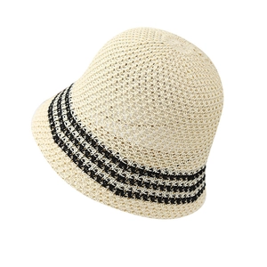Breathable cream hollow woven bucket hat with black striped details for sun protection
